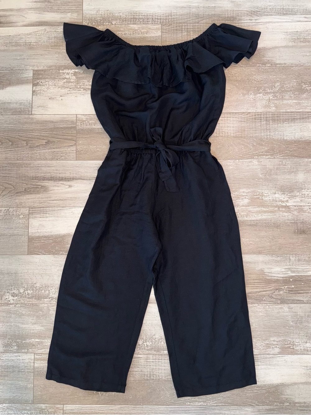 Tommy Bahama Black Off-The-Shoulder Jumpsuit Women Linen Blend Cropped Wide Leg